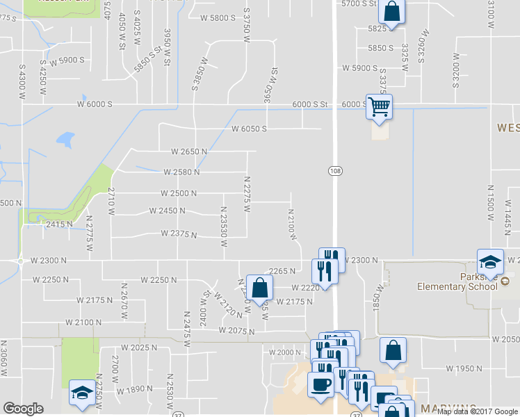 map of restaurants, bars, coffee shops, grocery stores, and more near 2241 West 2475 North in Clinton