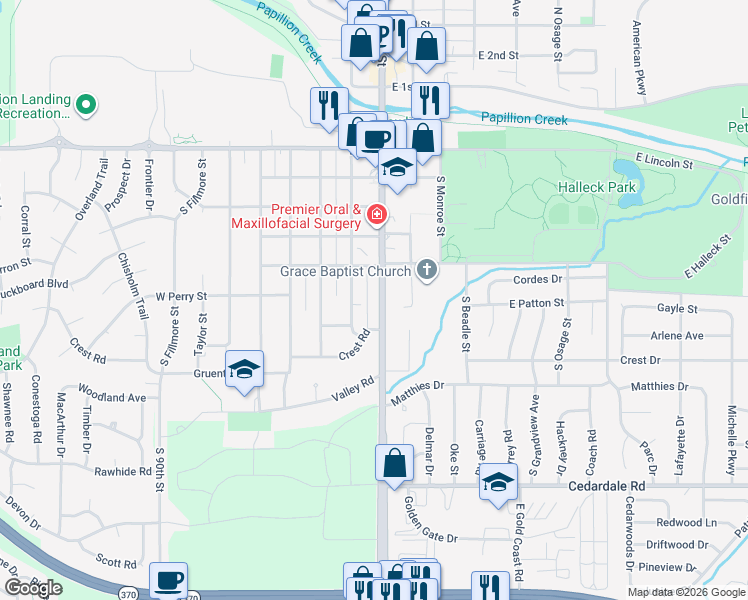 map of restaurants, bars, coffee shops, grocery stores, and more near 802 South Washington Street in Papillion
