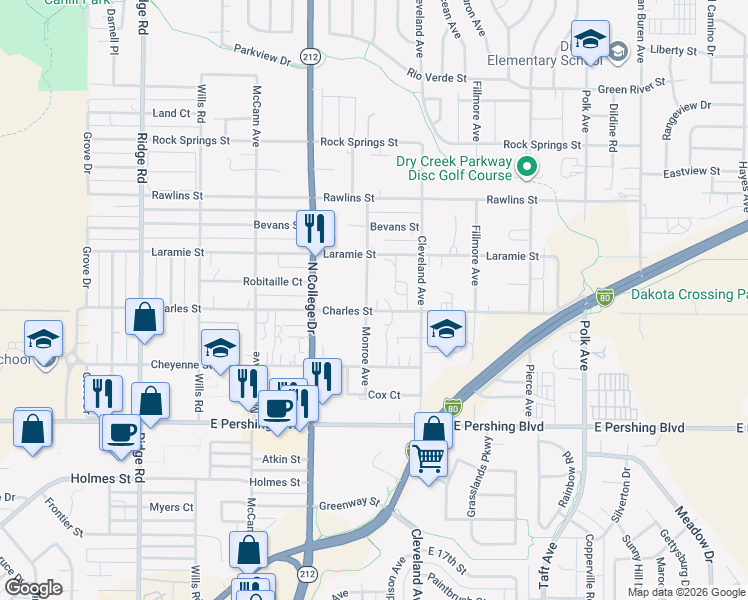 map of restaurants, bars, coffee shops, grocery stores, and more near 3599 Monroe Avenue in Cheyenne