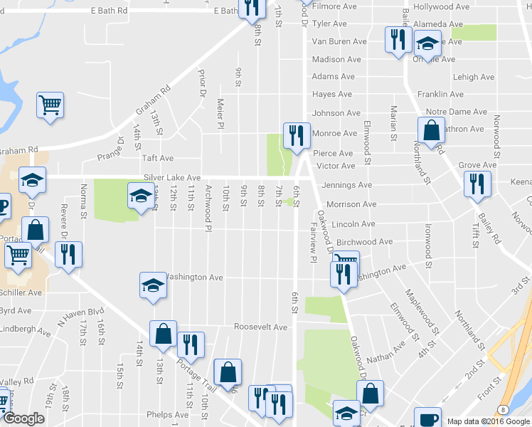 map of restaurants, bars, coffee shops, grocery stores, and more near 2827 8th Street in Cuyahoga Falls