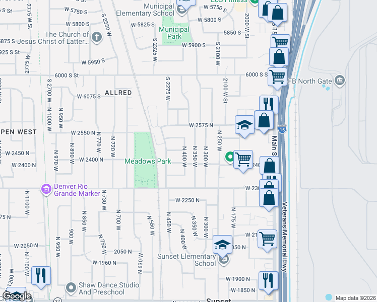 map of restaurants, bars, coffee shops, grocery stores, and more near 2446 North 400 West in Sunset
