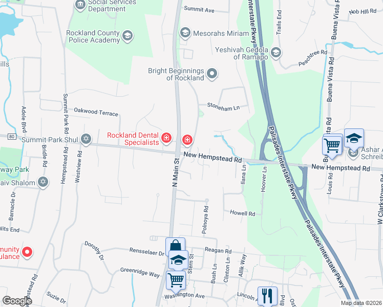 map of restaurants, bars, coffee shops, grocery stores, and more near 484 New Hempstead Road in New City