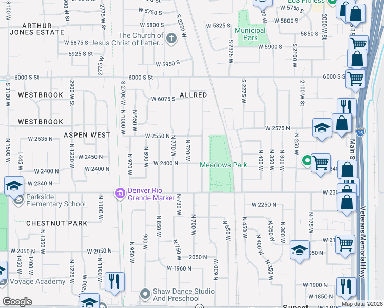 map of restaurants, bars, coffee shops, grocery stores, and more near 2448 North 720 West in Clinton