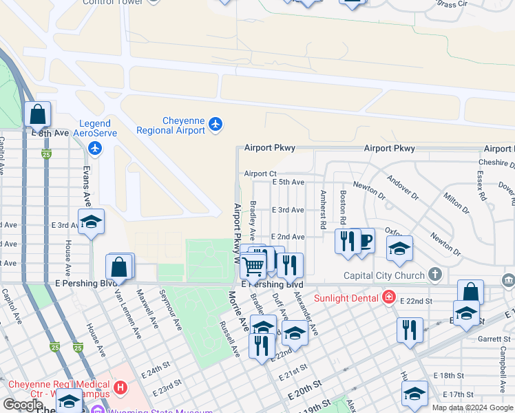map of restaurants, bars, coffee shops, grocery stores, and more near 3601 Bradley Avenue in Cheyenne