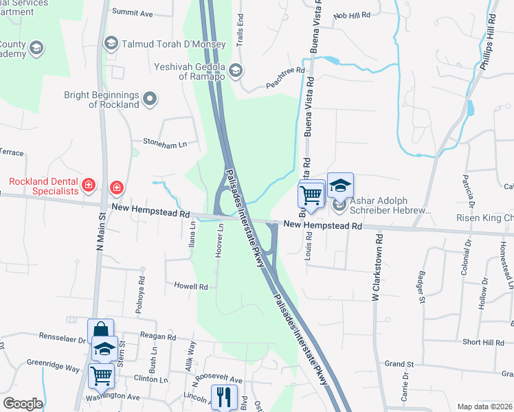 map of restaurants, bars, coffee shops, grocery stores, and more near 398 New Hempstead Road in New City
