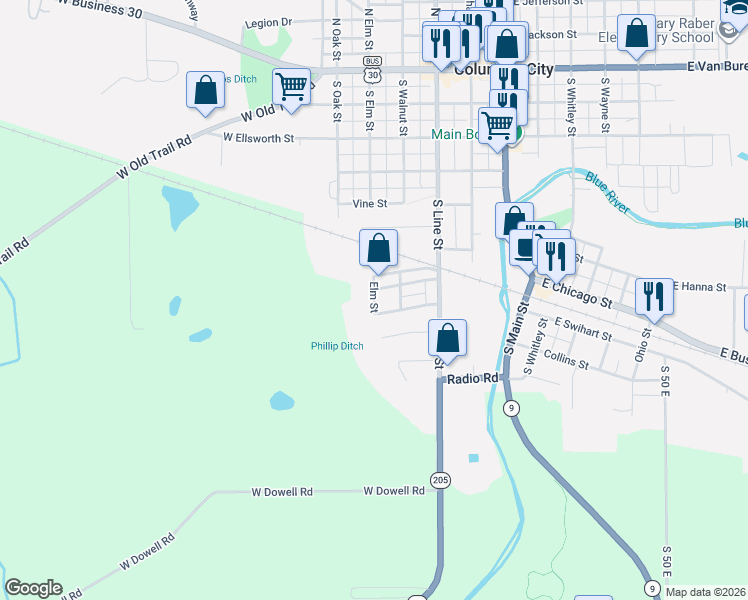 map of restaurants, bars, coffee shops, grocery stores, and more near Elm Street in Columbia City