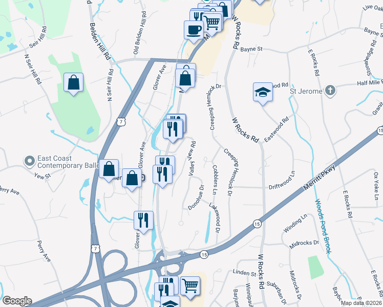 map of restaurants, bars, coffee shops, grocery stores, and more near 22 Valley View Road in Norwalk