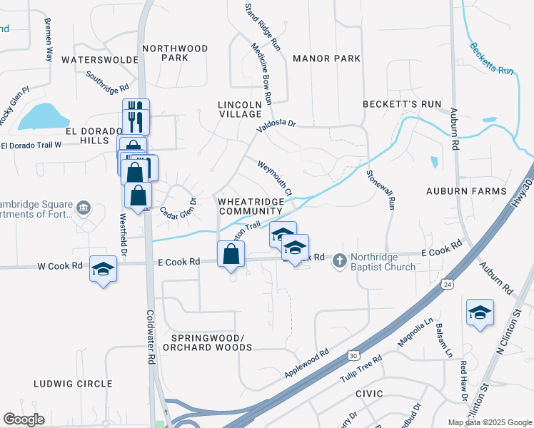 map of restaurants, bars, coffee shops, grocery stores, and more near 927 Easton Trail in Fort Wayne