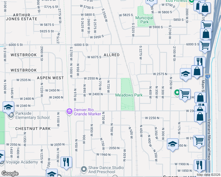 map of restaurants, bars, coffee shops, grocery stores, and more near 2448 North 720 West in Clinton