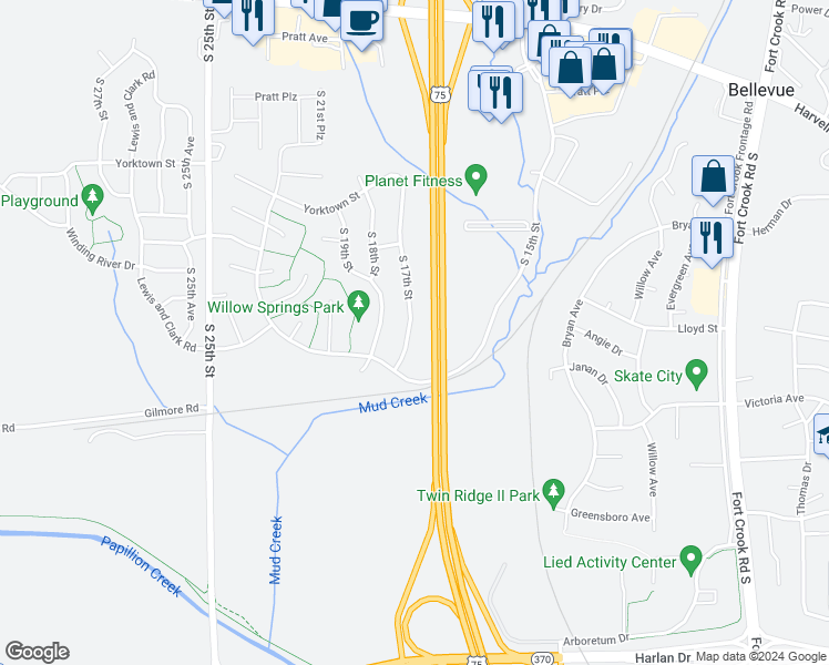 map of restaurants, bars, coffee shops, grocery stores, and more near 11004 South 17th Street in Bellevue
