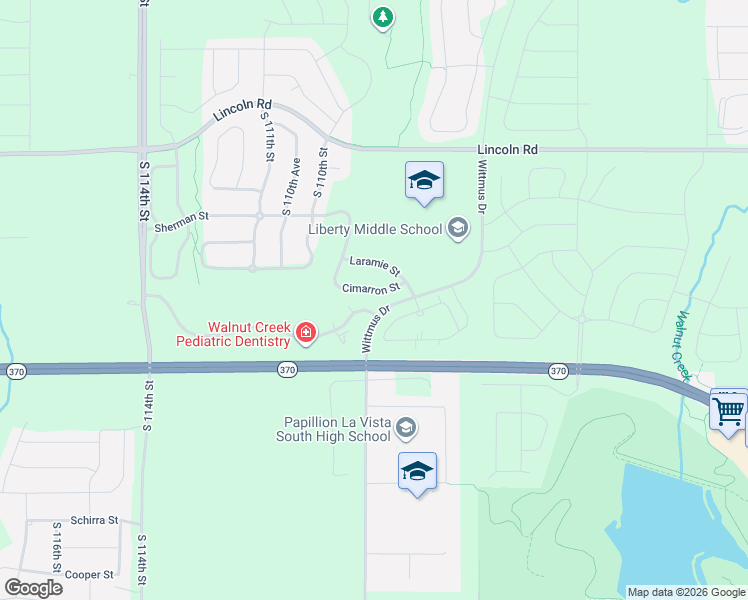 map of restaurants, bars, coffee shops, grocery stores, and more near 10731 Cimarron Street in Papillion