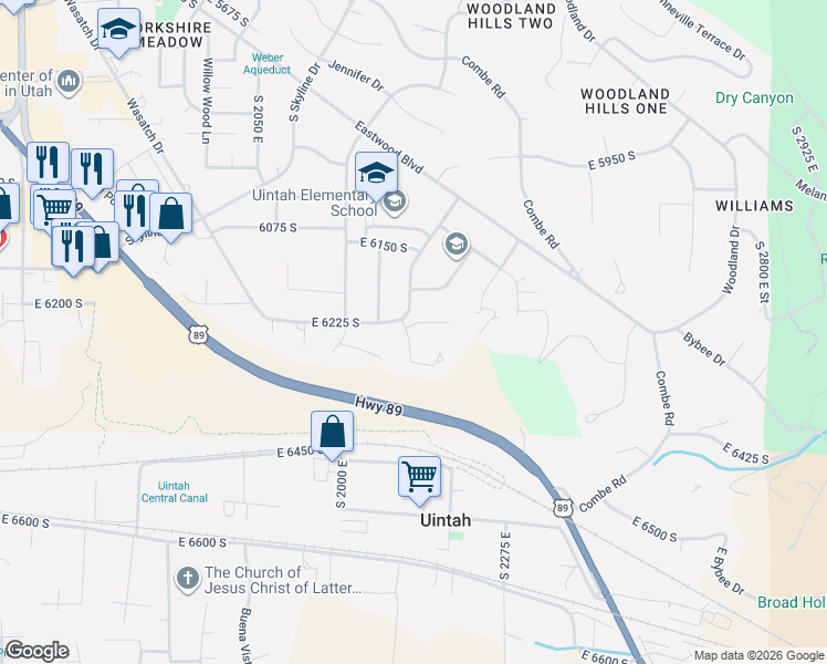 map of restaurants, bars, coffee shops, grocery stores, and more near 2237 East Parkside Circle in South Ogden