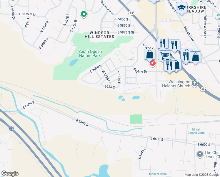 map of restaurants, bars, coffee shops, grocery stores, and more near 1277 6225 South in South Ogden