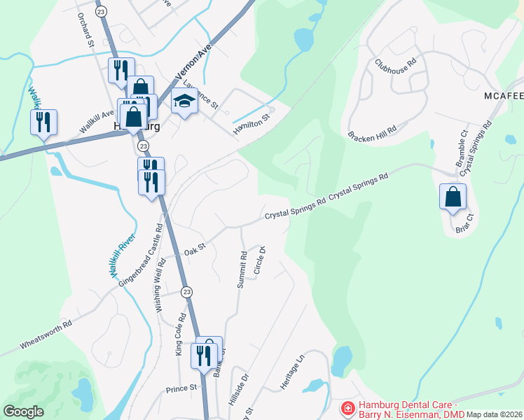 map of restaurants, bars, coffee shops, grocery stores, and more near 8 Crystal Springs Road in Hamburg