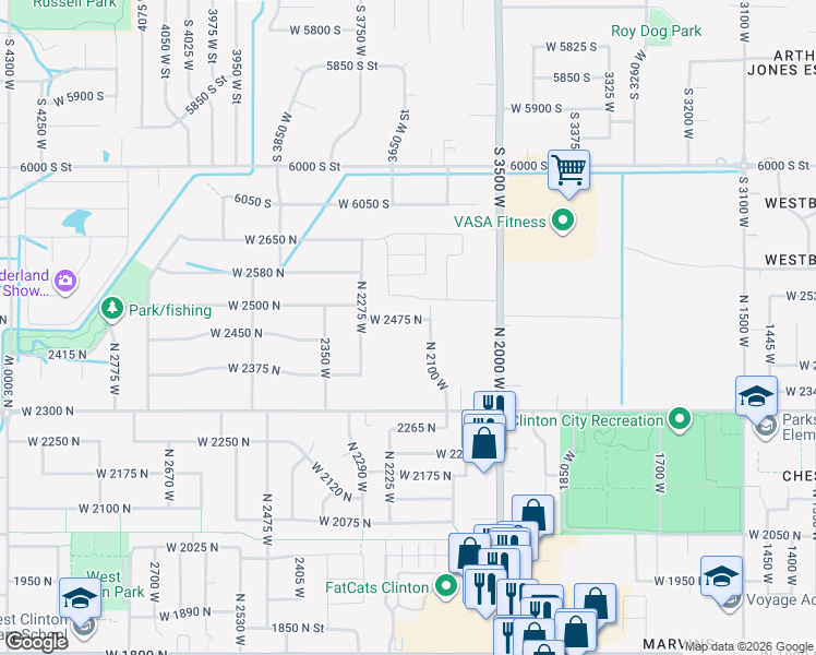 map of restaurants, bars, coffee shops, grocery stores, and more near 2157 West 2475 North in Clinton