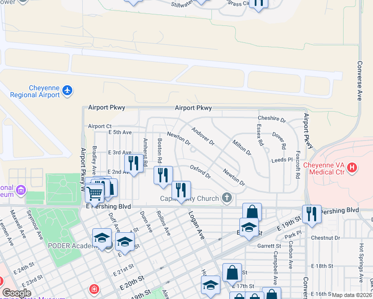 map of restaurants, bars, coffee shops, grocery stores, and more near 1743 Newton Drive in Cheyenne