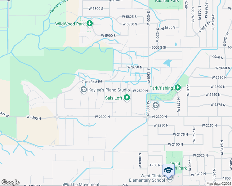 map of restaurants, bars, coffee shops, grocery stores, and more near 3233 West 2500 North in Clinton