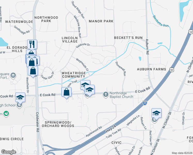 map of restaurants, bars, coffee shops, grocery stores, and more near 1120 Easton Trail in Fort Wayne