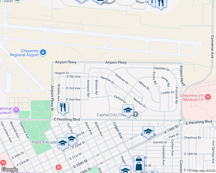 map of restaurants, bars, coffee shops, grocery stores, and more near 1743 Newton Dr in Cheyenne