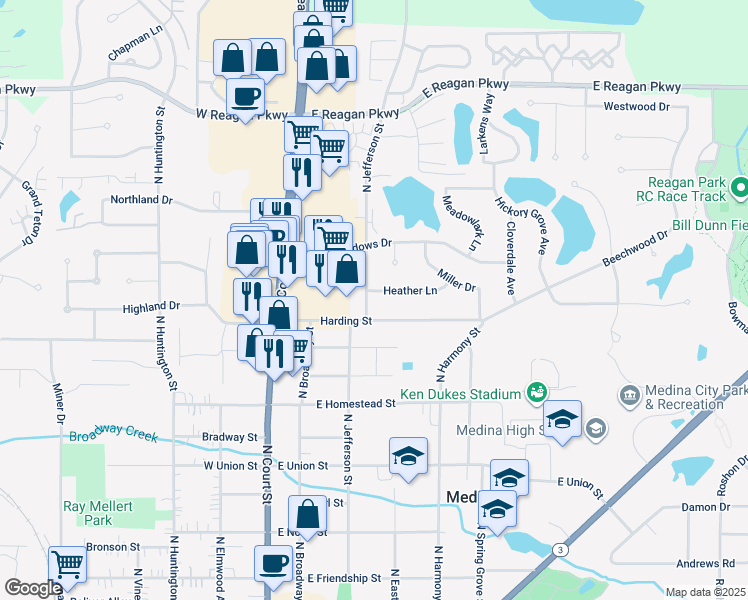 map of restaurants, bars, coffee shops, grocery stores, and more near 934 North Jefferson Street in Medina