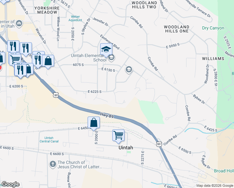 map of restaurants, bars, coffee shops, grocery stores, and more near 2237 East Parkside Circle in South Ogden