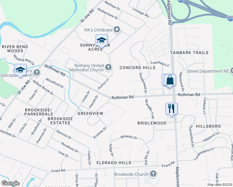 map of restaurants, bars, coffee shops, grocery stores, and more near 5635 Rothman Road in Fort Wayne