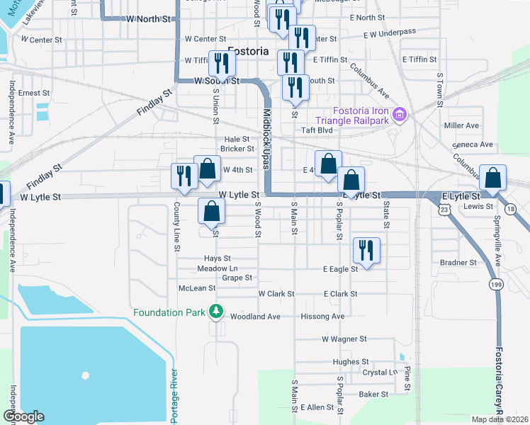 map of restaurants, bars, coffee shops, grocery stores, and more near 201-299 Bannister Street in Fostoria