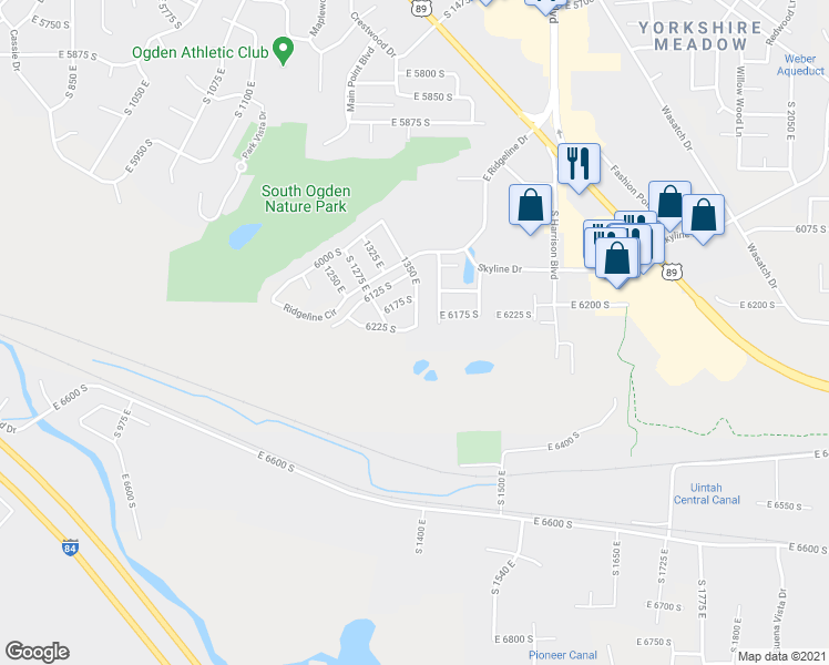 map of restaurants, bars, coffee shops, grocery stores, and more near 1349 6225 South in Ogden