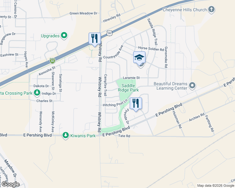 map of restaurants, bars, coffee shops, grocery stores, and more near 6610 Crossbow Trail in Cheyenne