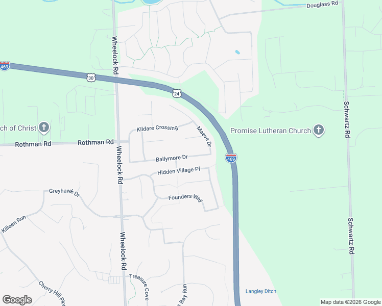 map of restaurants, bars, coffee shops, grocery stores, and more near 9807 Ballymore Drive in Fort Wayne