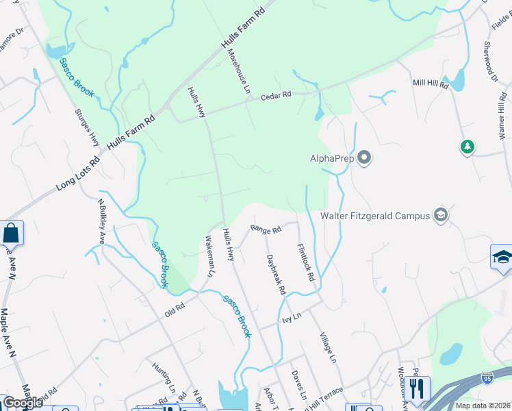map of restaurants, bars, coffee shops, grocery stores, and more near 42 Anvill Road in Fairfield