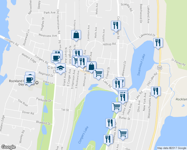 map of restaurants, bars, coffee shops, grocery stores, and more near 57 Lake Road in Congers