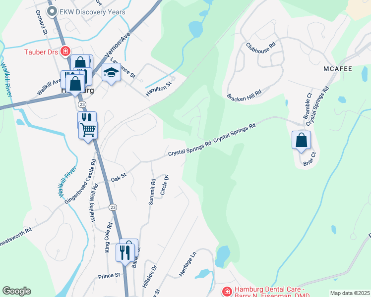 map of restaurants, bars, coffee shops, grocery stores, and more near 15 Crystal Springs Road in Hamburg