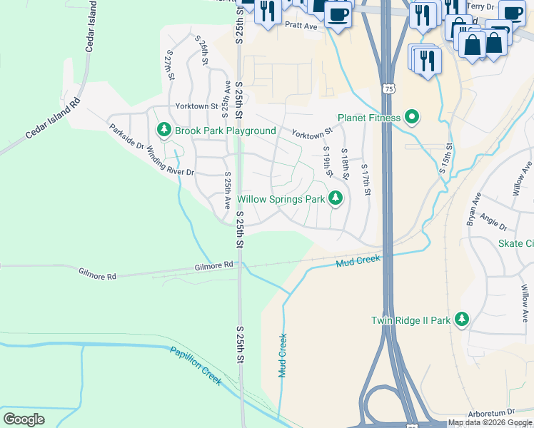 map of restaurants, bars, coffee shops, grocery stores, and more near 2404 Lewis and Clark Road in Bellevue