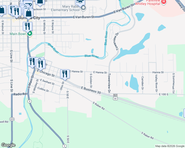 map of restaurants, bars, coffee shops, grocery stores, and more near 553 South Golden Street in Columbia City