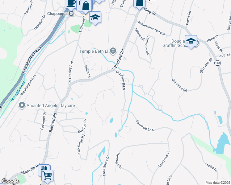 map of restaurants, bars, coffee shops, grocery stores, and more near 6 Hillside Place in Chappaqua