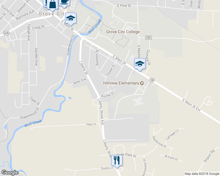 map of restaurants, bars, coffee shops, grocery stores, and more near 668 Flower Street in Grove City