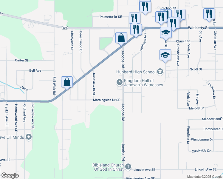 map of restaurants, bars, coffee shops, grocery stores, and more near 294 Jacobs Rd in Hubbard