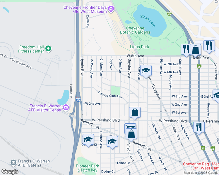 map of restaurants, bars, coffee shops, grocery stores, and more near 3619 Cribbon Avenue in Cheyenne