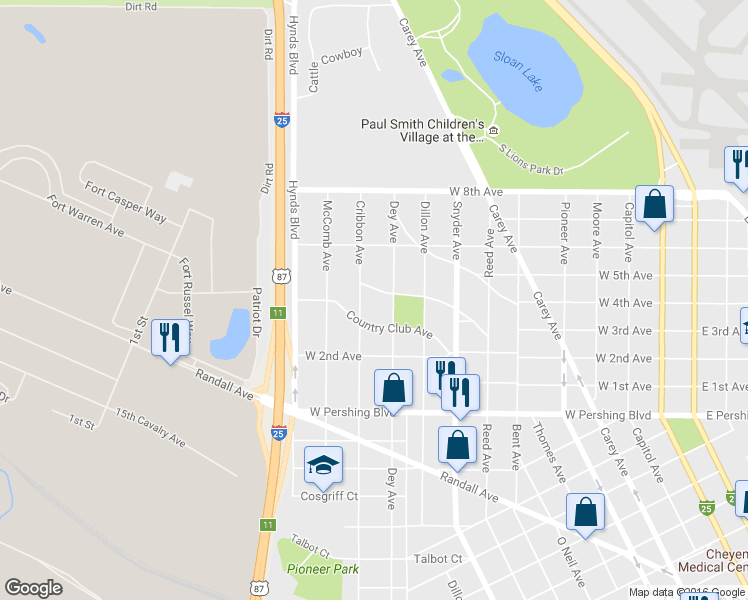 map of restaurants, bars, coffee shops, grocery stores, and more near 3619 Cribbon Avenue in Cheyenne