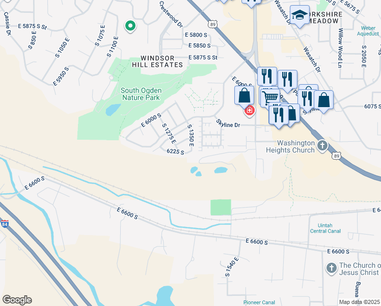 map of restaurants, bars, coffee shops, grocery stores, and more near 1349 6225 South in Ogden