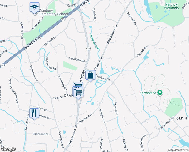 map of restaurants, bars, coffee shops, grocery stores, and more near 79 Cranbury Road in Norwalk
