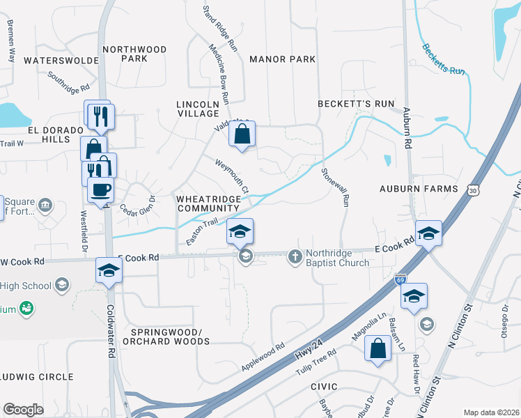 map of restaurants, bars, coffee shops, grocery stores, and more near 1120 Easton Trail in Fort Wayne