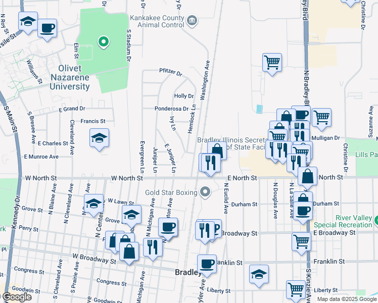 map of restaurants, bars, coffee shops, grocery stores, and more near 485 Ivy Lane in Bradley