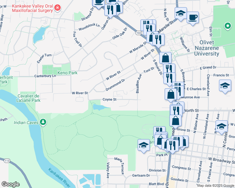 map of restaurants, bars, coffee shops, grocery stores, and more near 563 Coyne Street in Bourbonnais