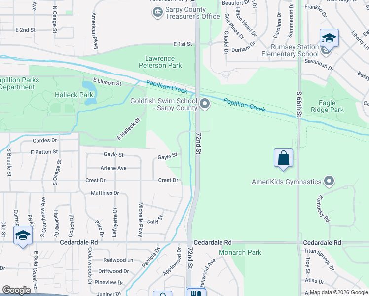map of restaurants, bars, coffee shops, grocery stores, and more near 1003 Patricia Drive in Papillion