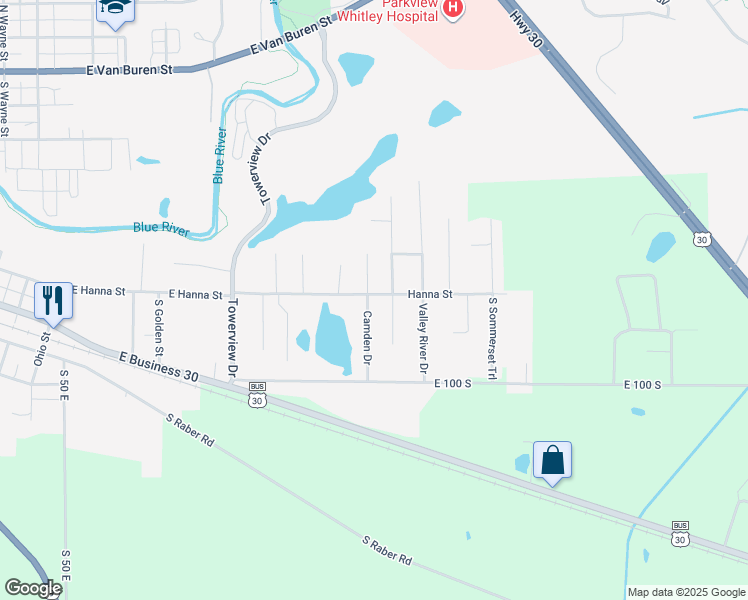 map of restaurants, bars, coffee shops, grocery stores, and more near 822 Camden Drive in Columbia City