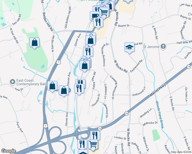 map of restaurants, bars, coffee shops, grocery stores, and more near 22 Valley View Road in Norwalk