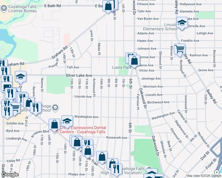 map of restaurants, bars, coffee shops, grocery stores, and more near 2822 9th Street in Cuyahoga Falls