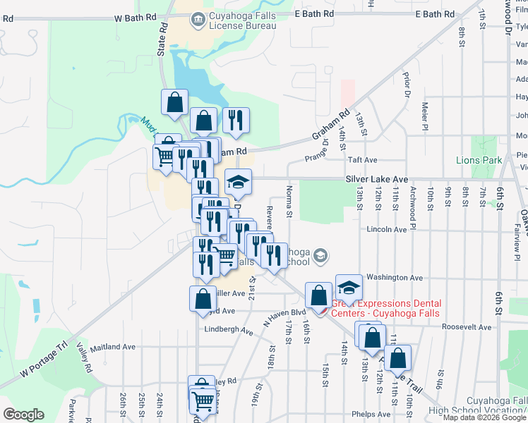 map of restaurants, bars, coffee shops, grocery stores, and more near 2817 Revere Drive in Cuyahoga Falls